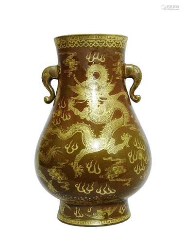 Chinese Teadust Gilt Porcelain Vase Qianlong