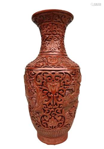 Chinese Red Lacquerware  Wood Vase Qianlong Mark