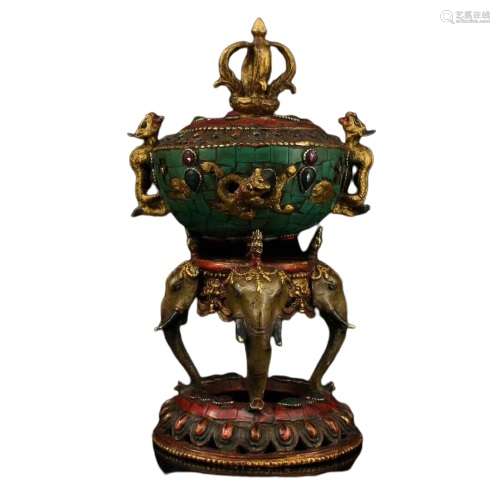 Chinese Bronze Inlay Gem Incense Burner Ming Dynasty