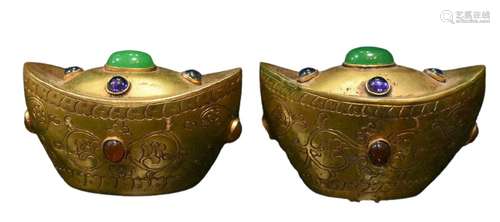 Chinese Gilt Bronze And Gems Ingot Pair Qianlong Mark