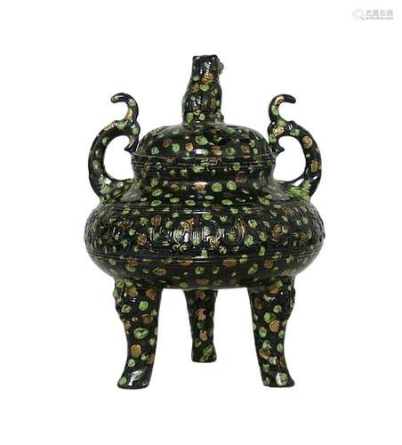 Chinese Black Monochrome Glaze Tripod Censer Qianlong