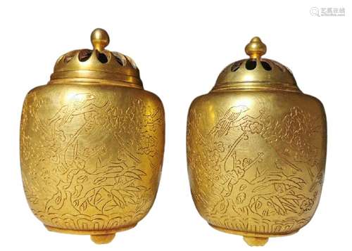 Chinese Gilt Bronze Incense Burner Censer Pair Qing Dynasty