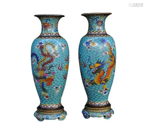 Chinese Bronze Cloisonne Animal Vase Pair Qianlong Mark