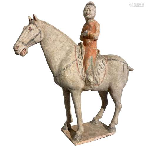 Chinese Pottery Warrior And Horse Statue Tang Dynasty