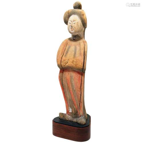 Chinese Wood Carved Painted Lady Figure Tang Dynasty