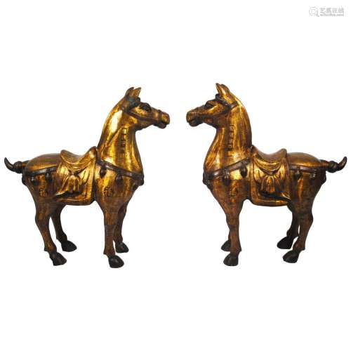 Chinese Gilt Bronze Horse Statue Pair Ming Dynasty
