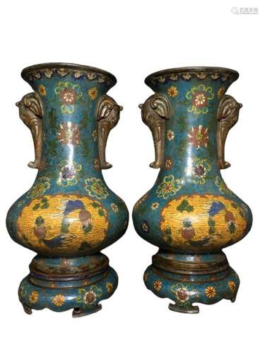 Chinese Bronze Cloisonne Vase Pair Qianlong Mark