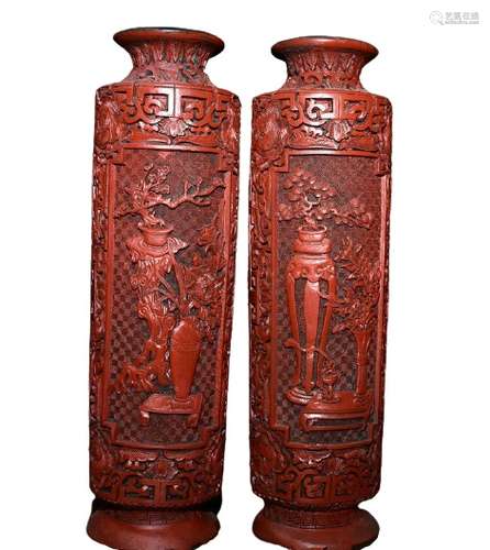 Pair Chinese Lacquerware Vase Qianlong Period