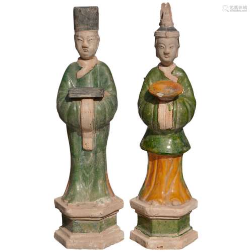 Chinese SanCai Porcelain Man And Lady Statue Tang Dynasty