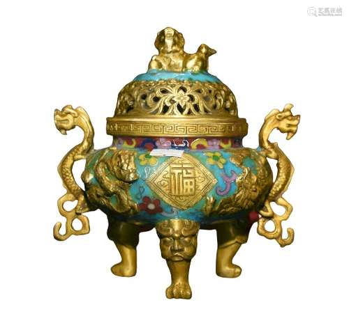 Chinese Bronze Cloisonne Incense Burner Qing Dynasty