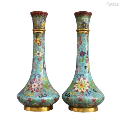 Chinese Bronze Cloisonne Vase Pair Qianlong Mark