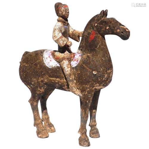 Chinese Pottery Warrior And Horse Statue Tang Dynasty
