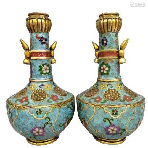 Chinese Bronze Cloisonne Vase Pair Qianlong Period