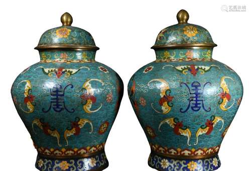 Chinese Bronze Cloisonne Vase Pair Qianlong Mark