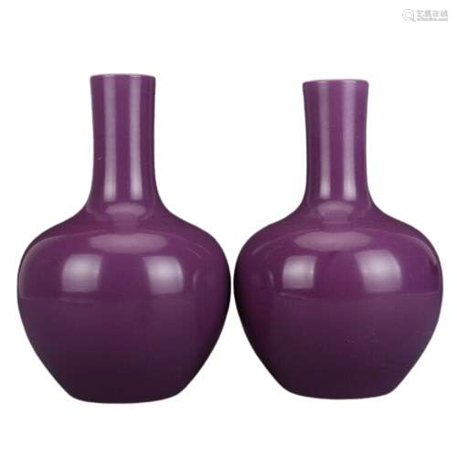 Chinese Purple Glaze Porcelain Vase Pair Qianlong Mark