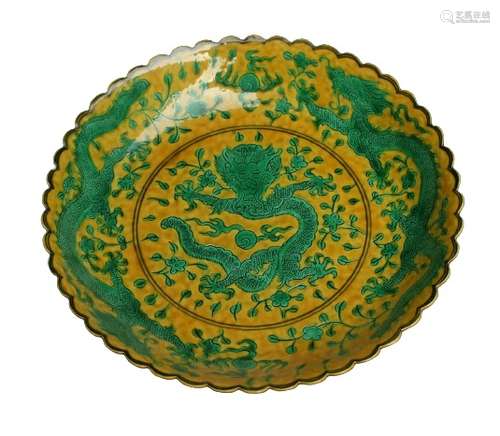 Chinese Yellow And Green Porcelain Plate Qianlong Mark