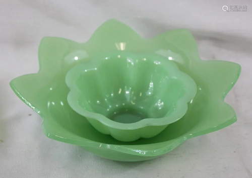 Two Antique French Opaline Green Glass Bowl