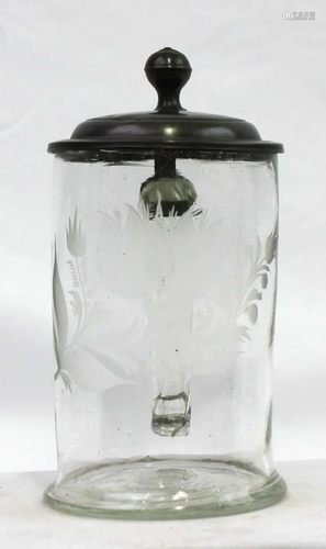 18th Century Engraved Glass Stein With Pewter Mounts