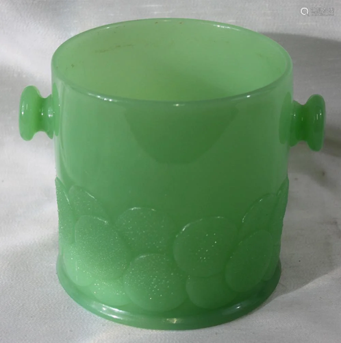 GREEN OPALINE GLASS BOWL WITH HANDLE