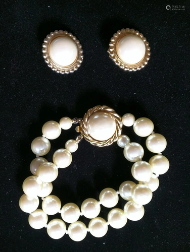 Gold toned Bangle and one pair of faux pearl earrings