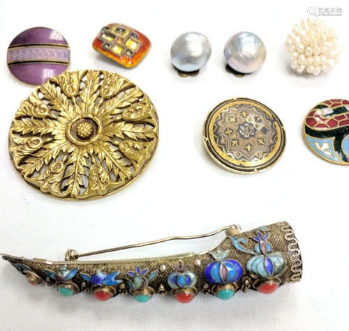 Pair of earring plus silver and enamel brooch and