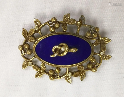 Enamel Lapis Color Brooch Marked