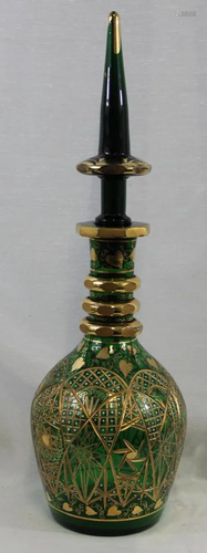 A BOHEMIAN GREEN-FLASH CUT & ENAMELLED DECANTER AND