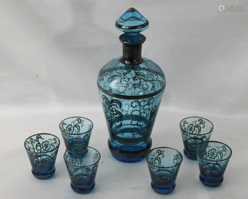 Six-piece Silver Resist-Decorated Blue Glass Cordial