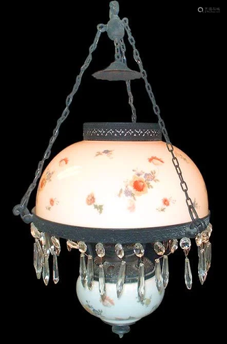 AMERICAN CHANDELIER WITH PORCELAIN SHADES & CRYSTAL