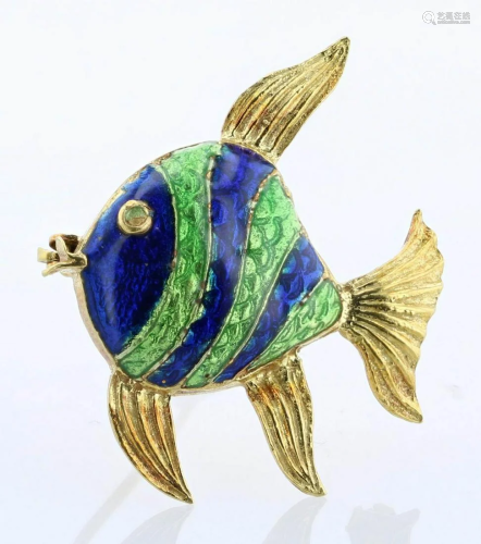 18K Vicenza Italy Enamel Fish Brooch-Pin