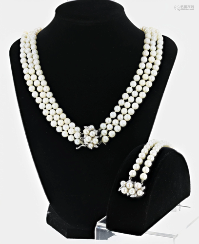 14KWG Diamond Pearl Strand and Bracelet Set