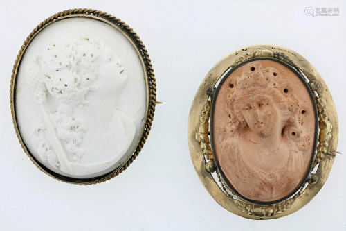 (2) 19th C. Carved Lava Cameo Pins