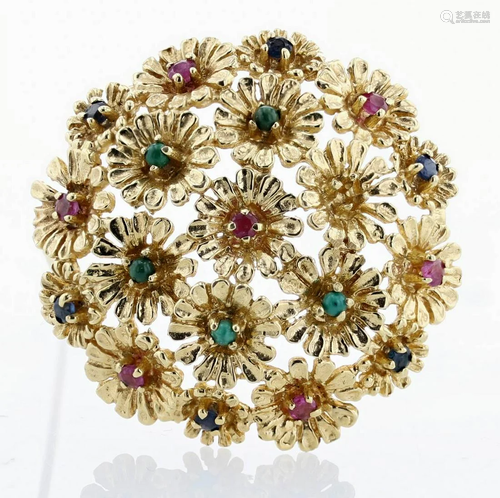 14K Retro Flower Sapphire, Ruby, Turquoise Brooch