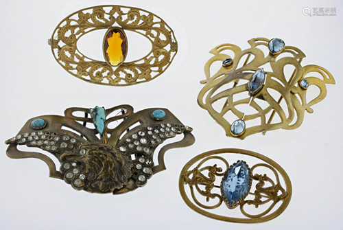 (4) Art Nouveau Belt Buckle and Pin Lot