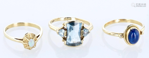 (3) Gold Rings, Lapis, Opal and Topaz