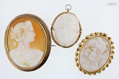 (3) 14K Cameo Brooches and Pendants