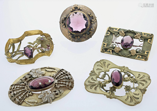 (5) Pc Art Nouveau Brass Brooches