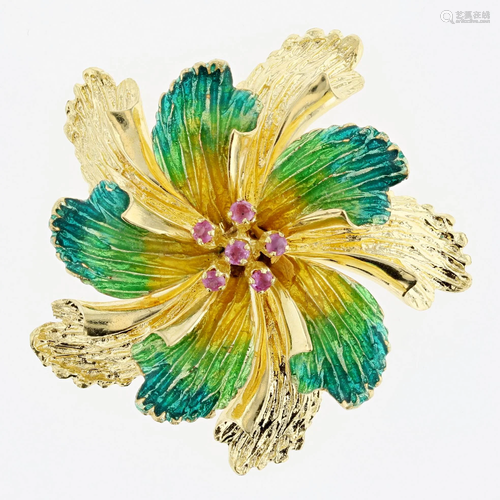 18K Italian Enameled Flower Brooch