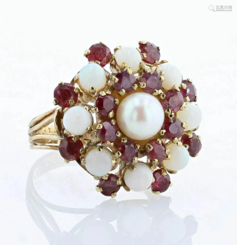 14K Ruby, Pearl and Opal Ring