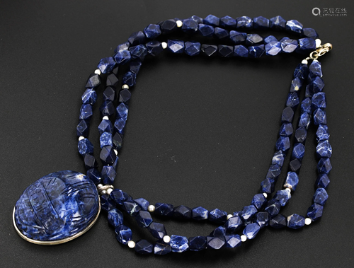 Carved Iolite Scarab Beetle Triple Strand Necklace