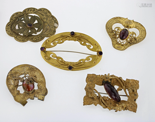 (5) Pc Art Nouveau Style Brass Gilt Brooches