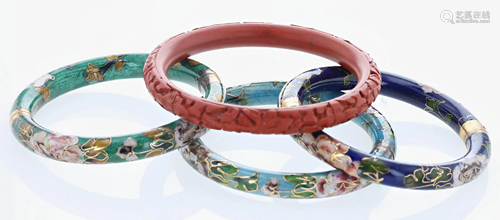 (4) Fine Cloisonne and Cinnabar Bar Bangles