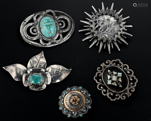 (5) Silver and Silver Tone Vintage Brooches