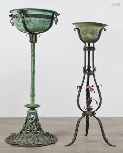 2 Green Patinated Iron Planters on Stands