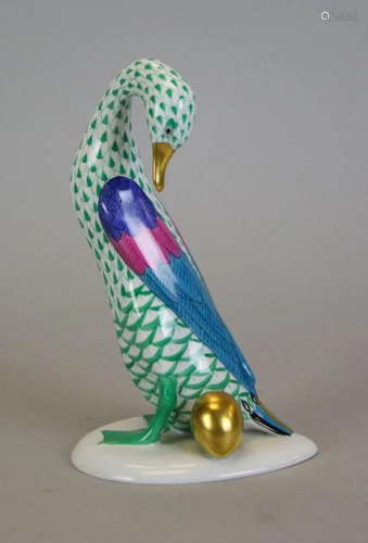 Herend Fishnet Green Goose With Golden Egg