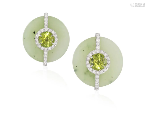 A PAIR OF JADE, PERIDOT AND DIAMOND EARRINGS, BY