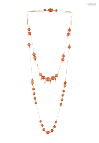 A CORAL AND DIAMOND SAUTOIR NECKLACE Composed of two