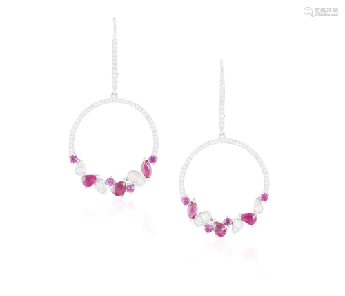 A PAIR OF RUBY AND DIAMOND HOOP EARRINGS Each ci…