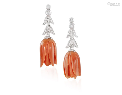 A PAIR OF CORAL AND DIAMOND PENDENT EARRINGS Each