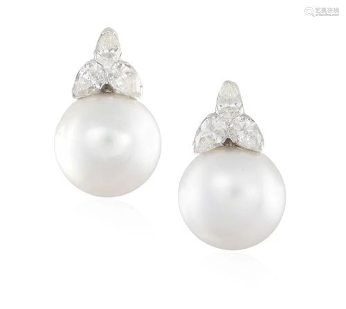 A PAIR OF CULTURED PEARL AND DIAMOND EARRINGS Each